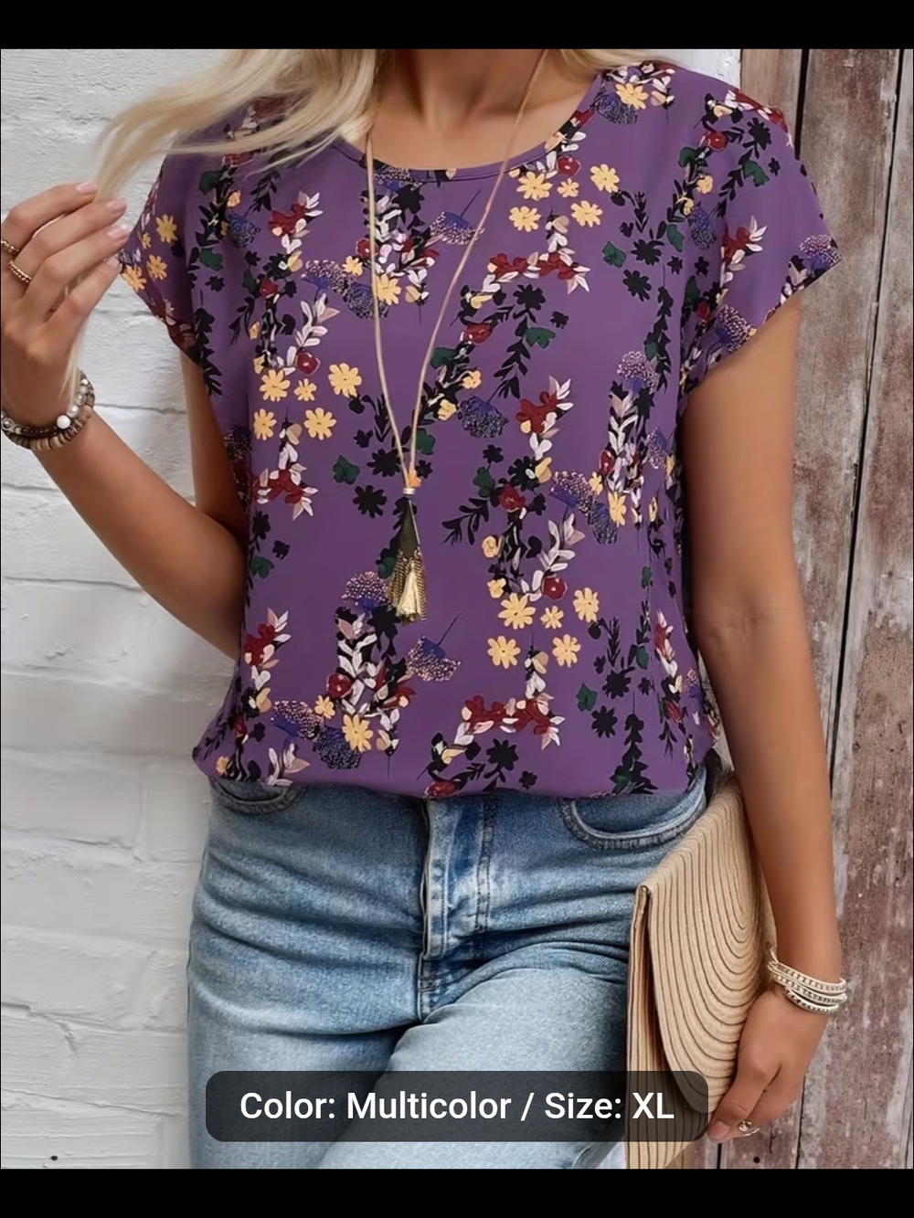 Purple Floral Short Sleeve Blouse - Multicolor
